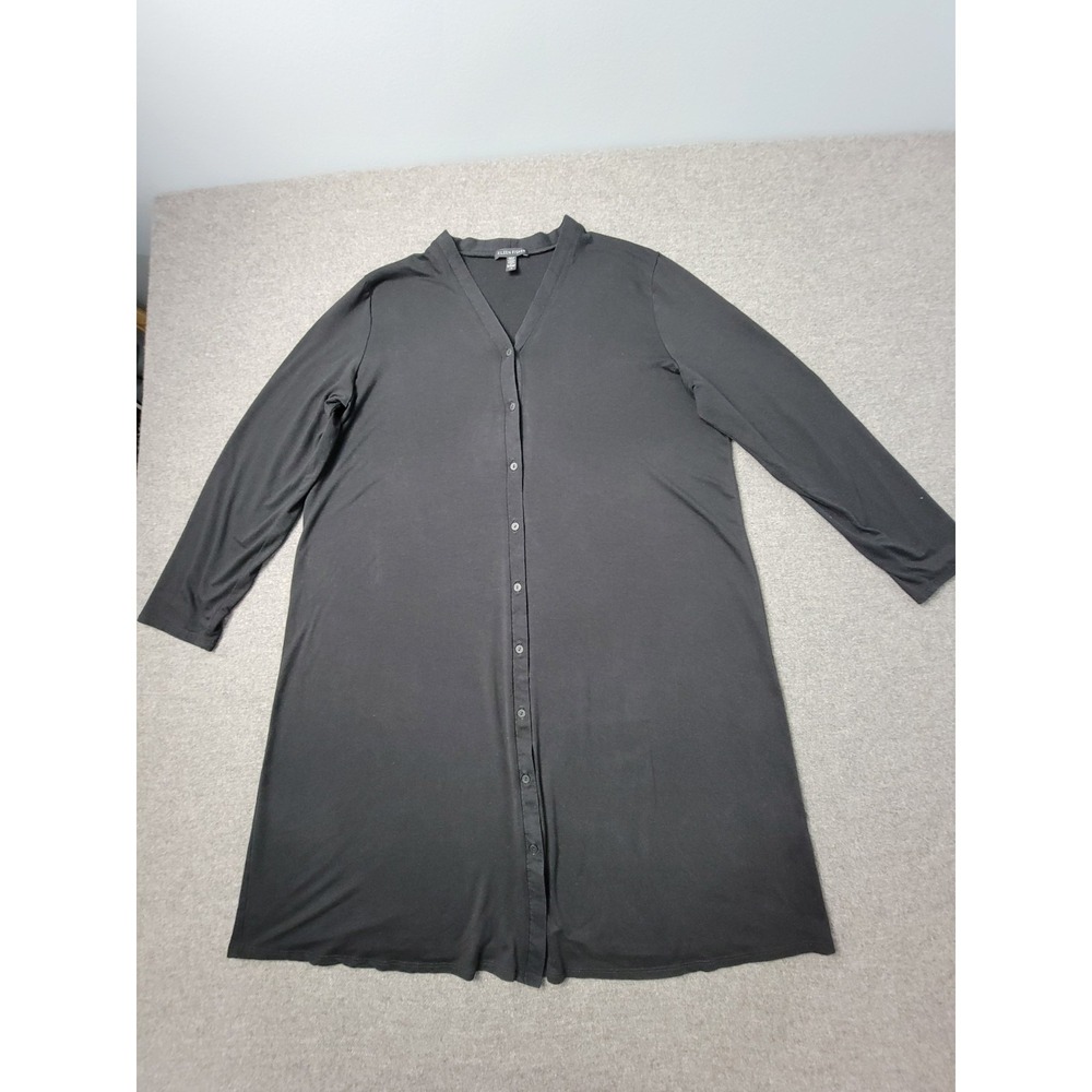 Eileen Fisher Cardigan Dress Womens L Black Stretch Knit Minimalist Button Front